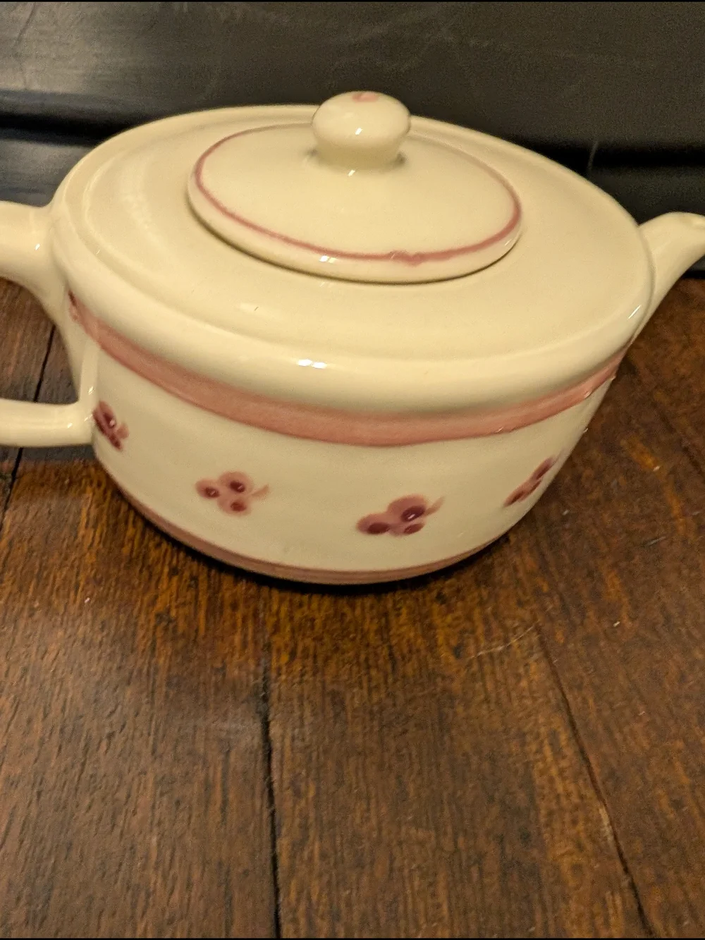 Vintage Cream Ceramic Teapot with Pink Band and Floral Motif